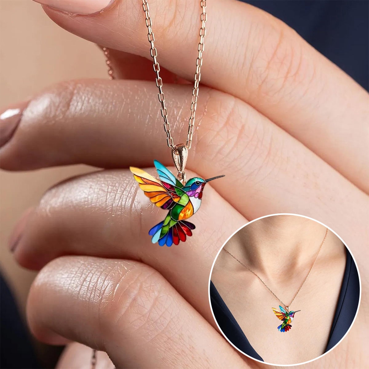 Jewelry Set Hummingbird Necklace Stained Glass Pendant Drop Earrings Gift Bird - Image 5