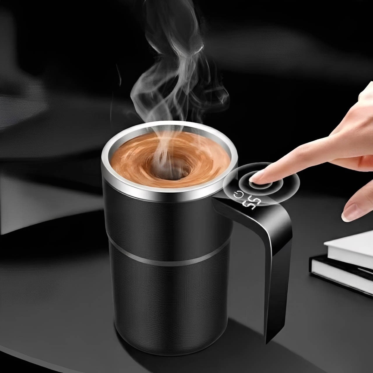 Keep Hot Coffee Mug with Self Stirring Heated Travel Magnetic Mixer and Temperature Display - Image 1
