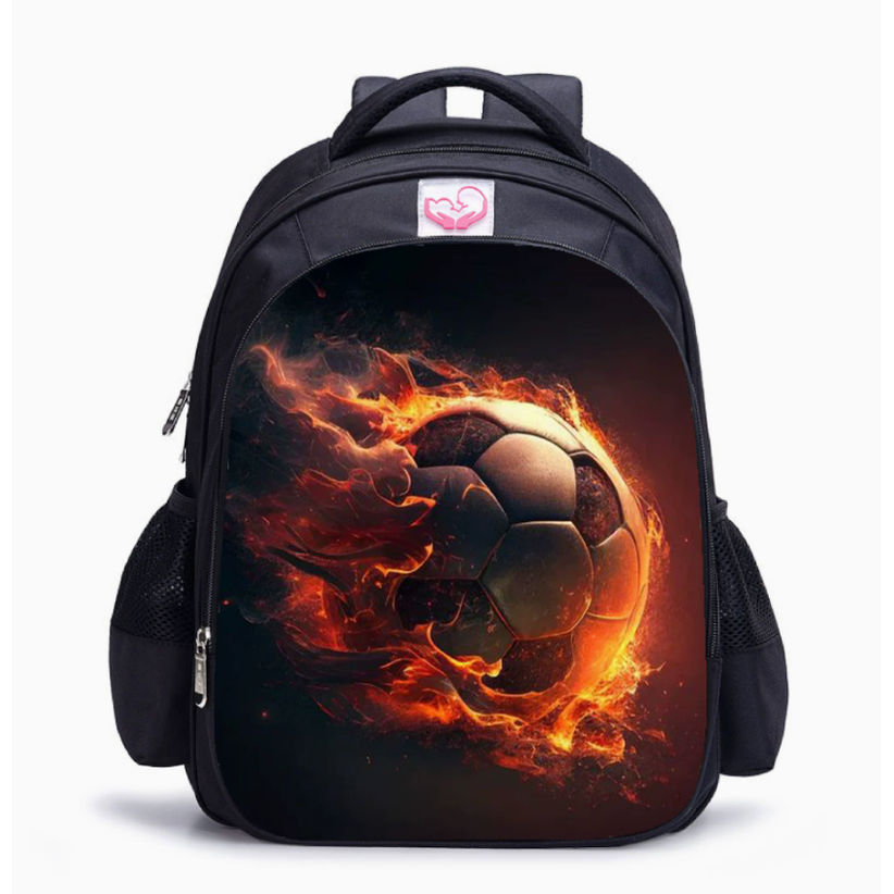 Kids''' Backpack for School with Flaming Soccer Ball Print and Canvas Fabric - Image 1