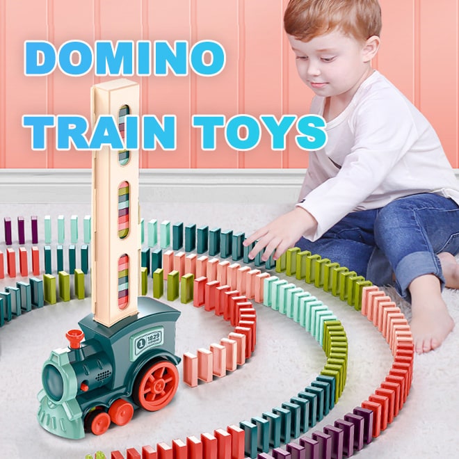 Kids' Domino Train Toy Game with Automatic Release Battery Operated Electric Building Block Locomotive - Image 1