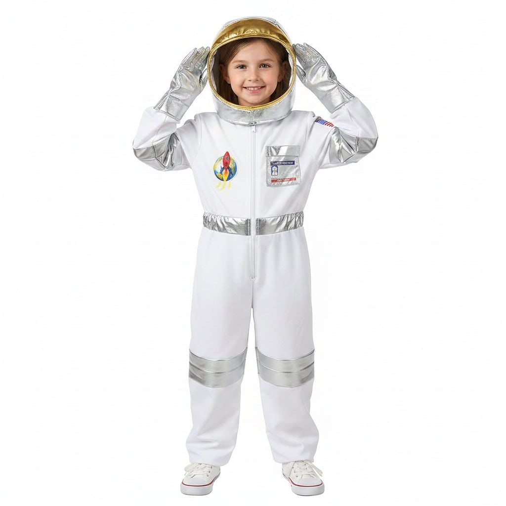 Kids' Halloween Astronaut Costume with Space Alien Jumpsuit Helmet and Gloves - Image 1