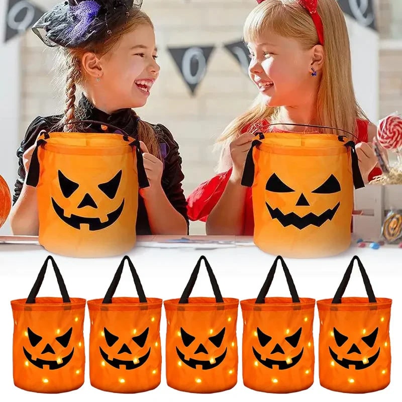 Kids' Halloween Candy Bucket Pumpkin with LED Lights and Jack-O-Lantern Design for Trick or Treat - Image 1