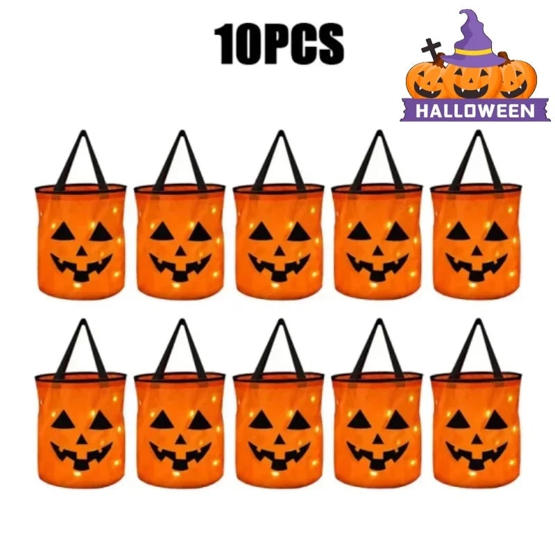 Kids' Halloween Candy Bucket Pumpkin with LED Lights and Jack-O-Lantern Design for Trick or Treat - Image 7