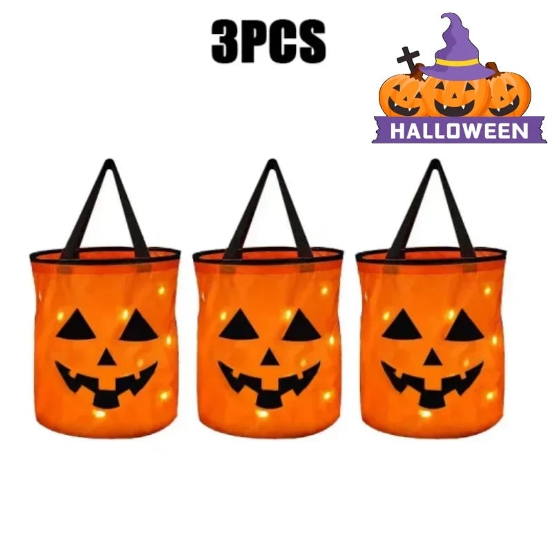 Kids' Halloween Candy Bucket Pumpkin with LED Lights and Jack-O-Lantern Design for Trick or Treat - Image 9