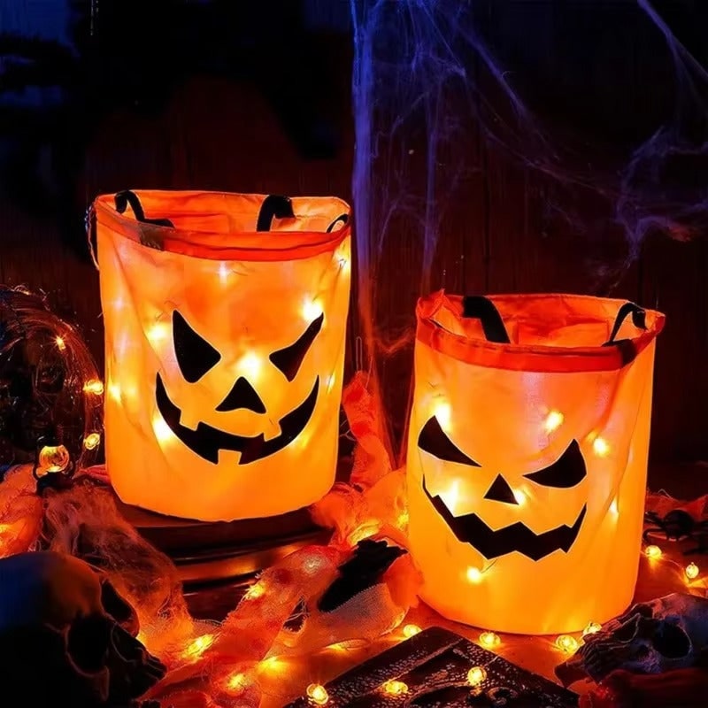 Kids' Halloween Candy Bucket with LED Light-Up Pumpkin Jack-O-Lantern Face for Trick or Treat - Image 3