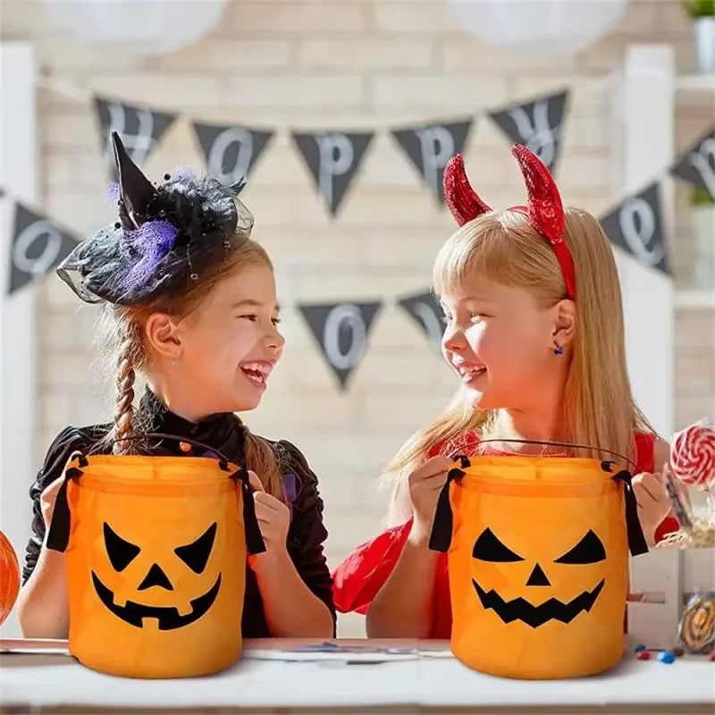 Kids' Halloween Candy Bucket with LED Light-Up Pumpkin Jack-O-Lantern Face for Trick or Treat - Image 5