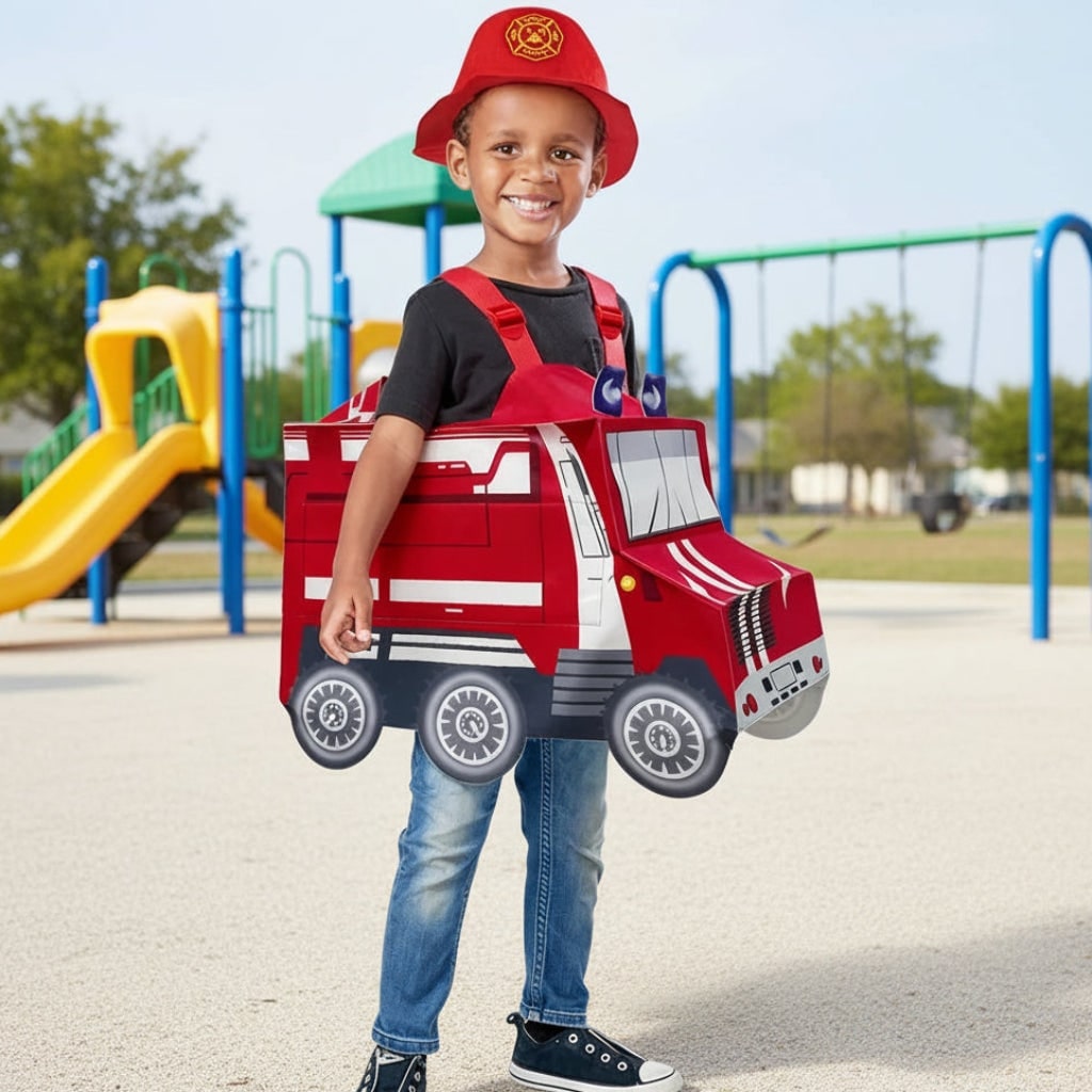 Kids' Halloween Firefighter Costume and Outfit with Hat Jacket Belt Axe and Extinguisher for Dress Up - Image 1