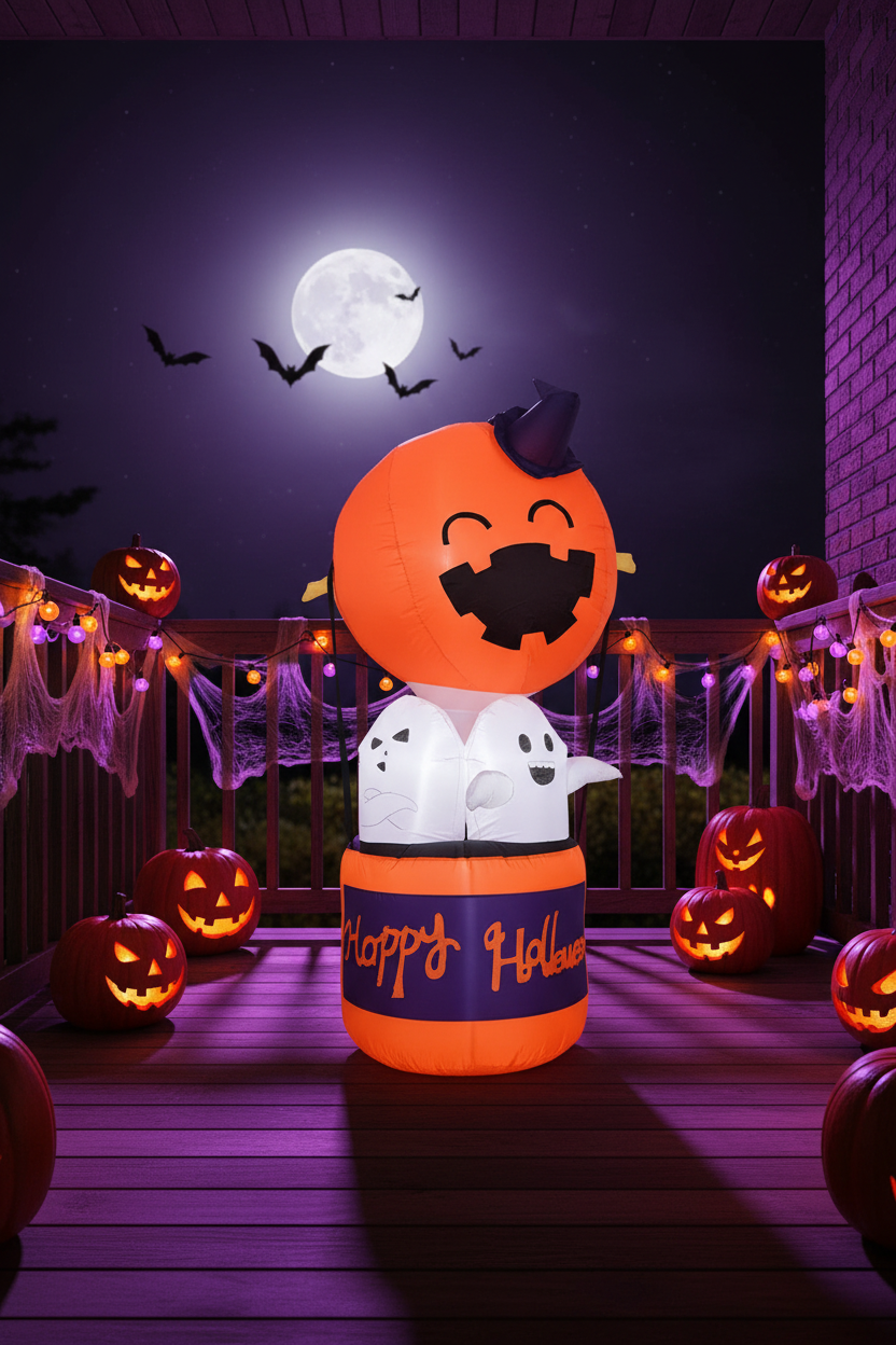 Kids' Halloween Inflatable Pumpkin Hot Air Balloon Decoration with LED Lights for Outdoor Yard Display - Image 1