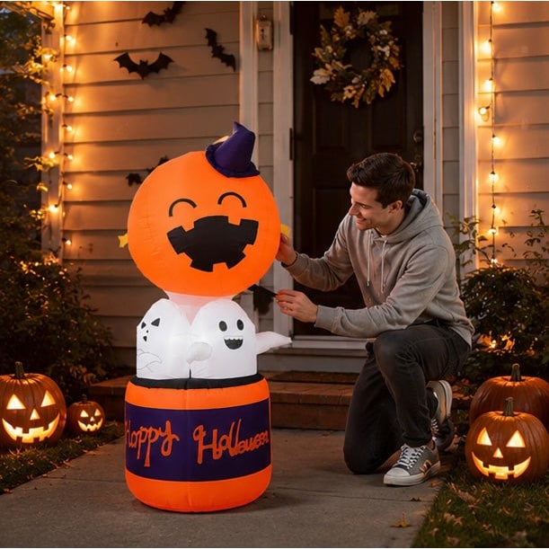 Kids' Halloween Inflatable Pumpkin Hot Air Balloon Decoration with LED Lights for Outdoor Yard Display - Image 7
