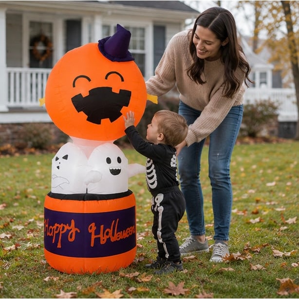 Kids' Halloween Inflatable Pumpkin Hot Air Balloon Decoration with LED Lights for Outdoor Yard Display - Image 8