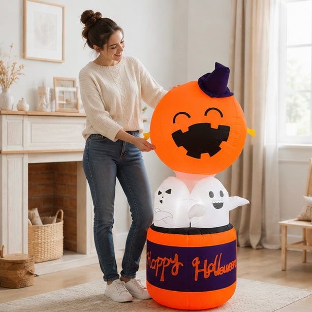 Kids' Halloween Inflatable Pumpkin Hot Air Balloon Decoration with LED Lights for Outdoor Yard Display - Image 9