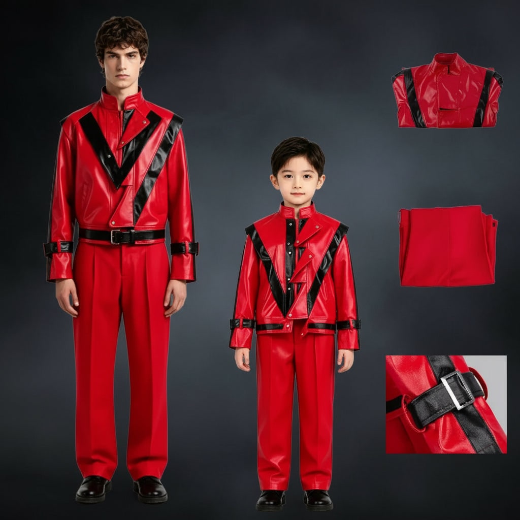 Kids' Halloween Michael Jackson Cosplay Costume Thriller Red Jacket and Pants Set - Image 5