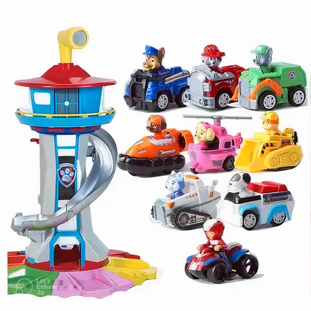 Kids' Lookout Tower Toy Playset with Spiral Slide Parking Base and Vehicle Figures - Image 4