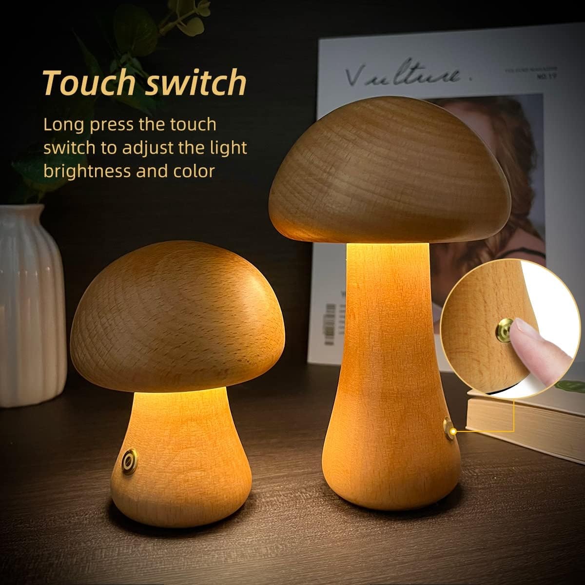 Kids' Mushroom Night Light and Lamp with Touch Switch for Bedroom Bedside Table Rechargeable Wooden LED - Image 1
