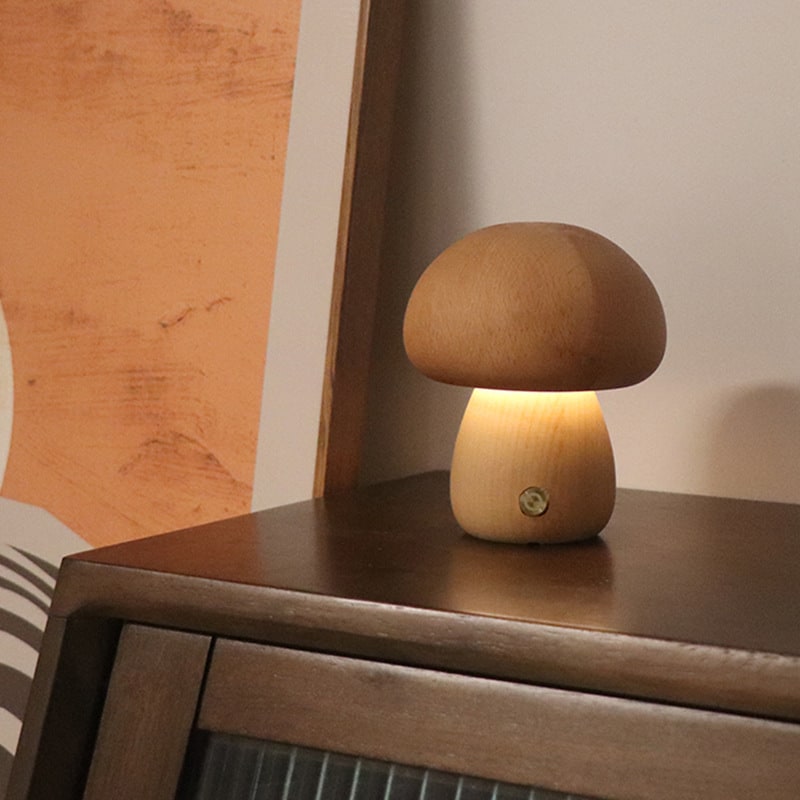 Kids' Mushroom Night Light and Lamp with Touch Switch for Bedroom Bedside Table Rechargeable Wooden LED - Image 2