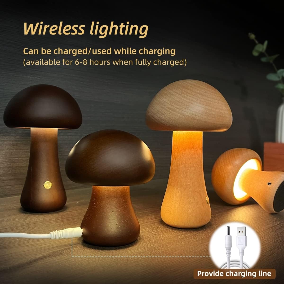 Kids' Mushroom Night Light and Lamp with Touch Switch for Bedroom Bedside Table Rechargeable Wooden LED - Image 3