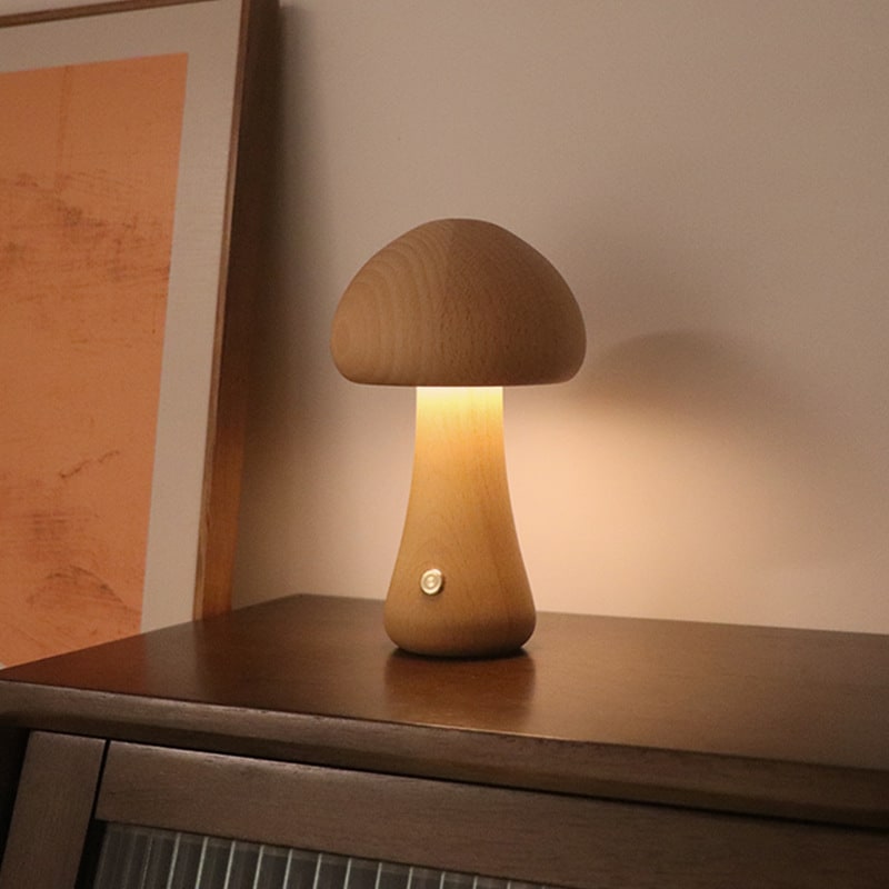 Kids' Mushroom Night Light and Lamp with Touch Switch for Bedroom Bedside Table Rechargeable Wooden LED - Image 6