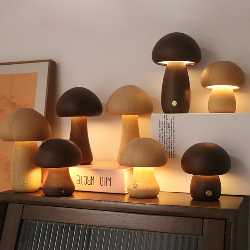 Kids' Mushroom Night Light and Lamp with Touch Switch for Bedroom Bedside Table Rechargeable Wooden LED - Image 7