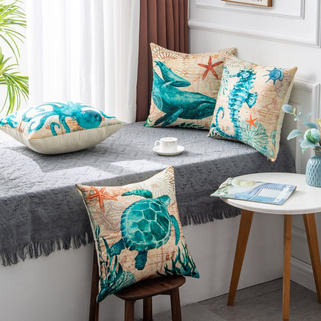 Kids' Throw Pillow Covers and Couch Cushion with Marine Life Prints Square Linen Cases 20x20 - Image 1