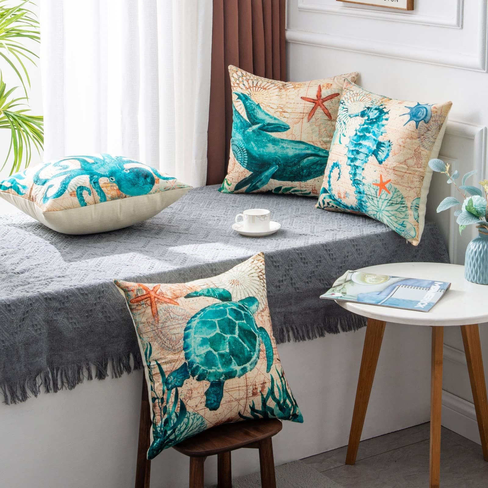 Kids' Throw Pillow Covers and Couch Cushion with Marine Life Prints Square Linen Cases 20x20 - Image 1