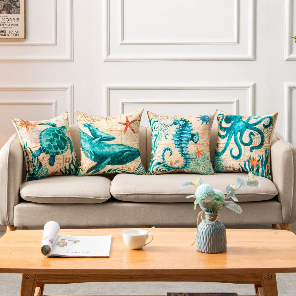 Kids' Throw Pillow Covers and Couch Cushion with Marine Life Prints Square Linen Cases 20x20 - Image 14
