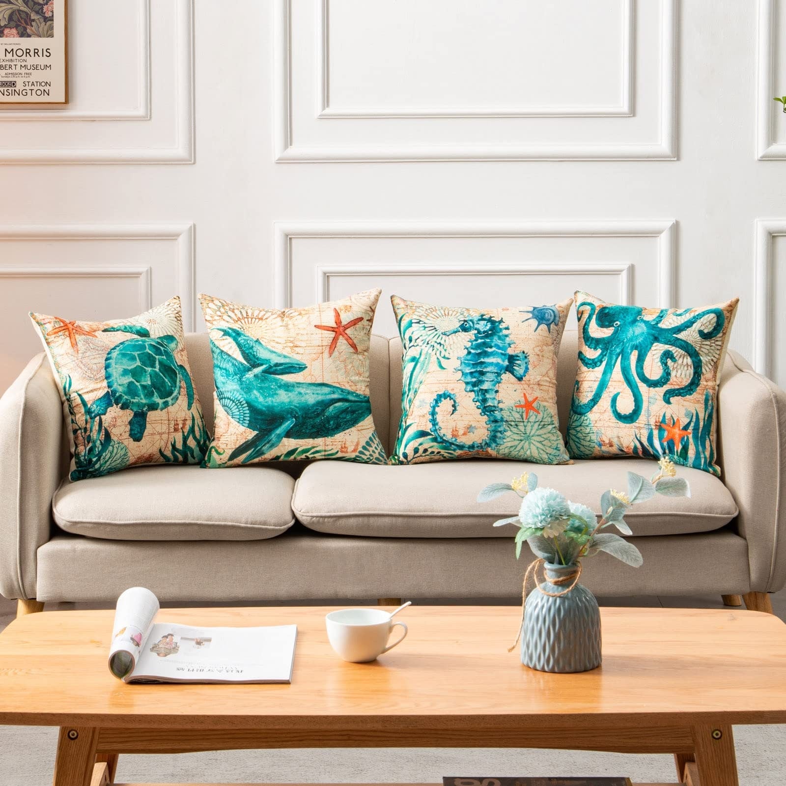 Kids' Throw Pillow Covers and Couch Cushion with Marine Life Prints Square Linen Cases 20x20 - Image 14