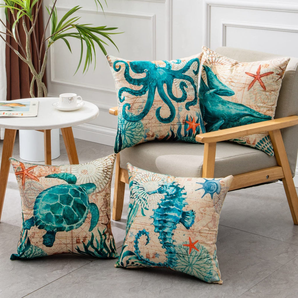 Kids' Throw Pillow Covers and Couch Cushion with Marine Life Prints Square Linen Cases 20x20 - Image 2