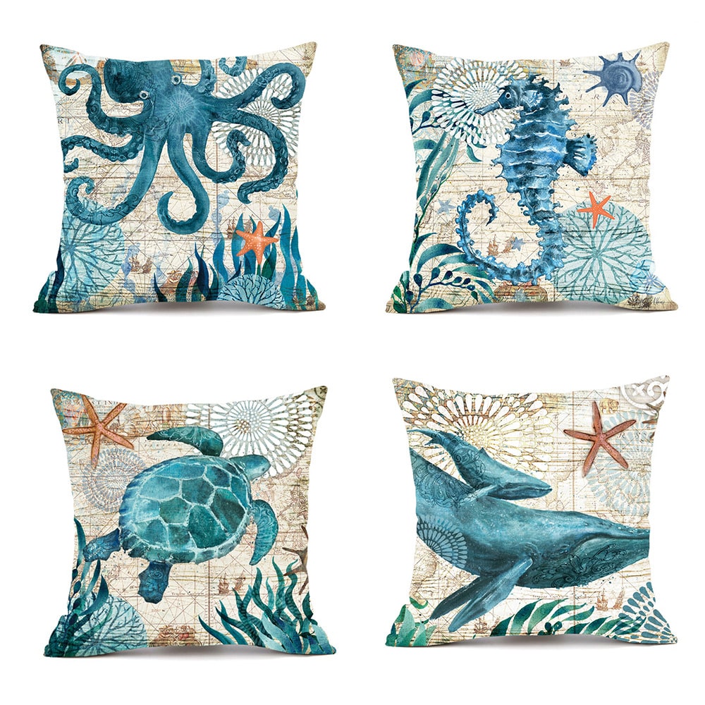 Kids' Throw Pillow Covers and Couch Cushion with Marine Life Prints Square Linen Cases 20x20 - Image 3