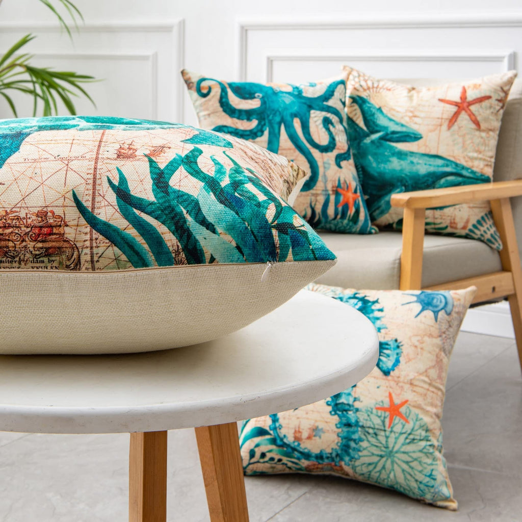Kids' Throw Pillow Covers and Couch Cushion with Marine Life Prints Square Linen Cases 20x20 - Image 9
