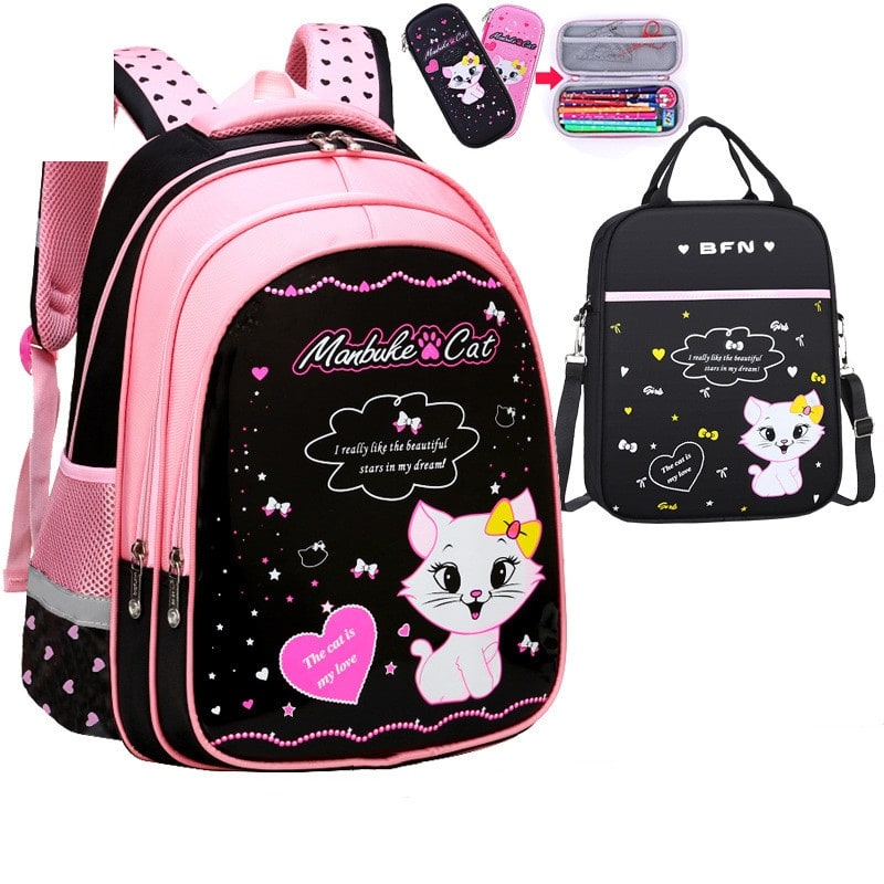 Kids' Waterproof Backpack and Lunchbox Set with Matching Lunch Bag Pencil Case Cute Cat Print - Image 1