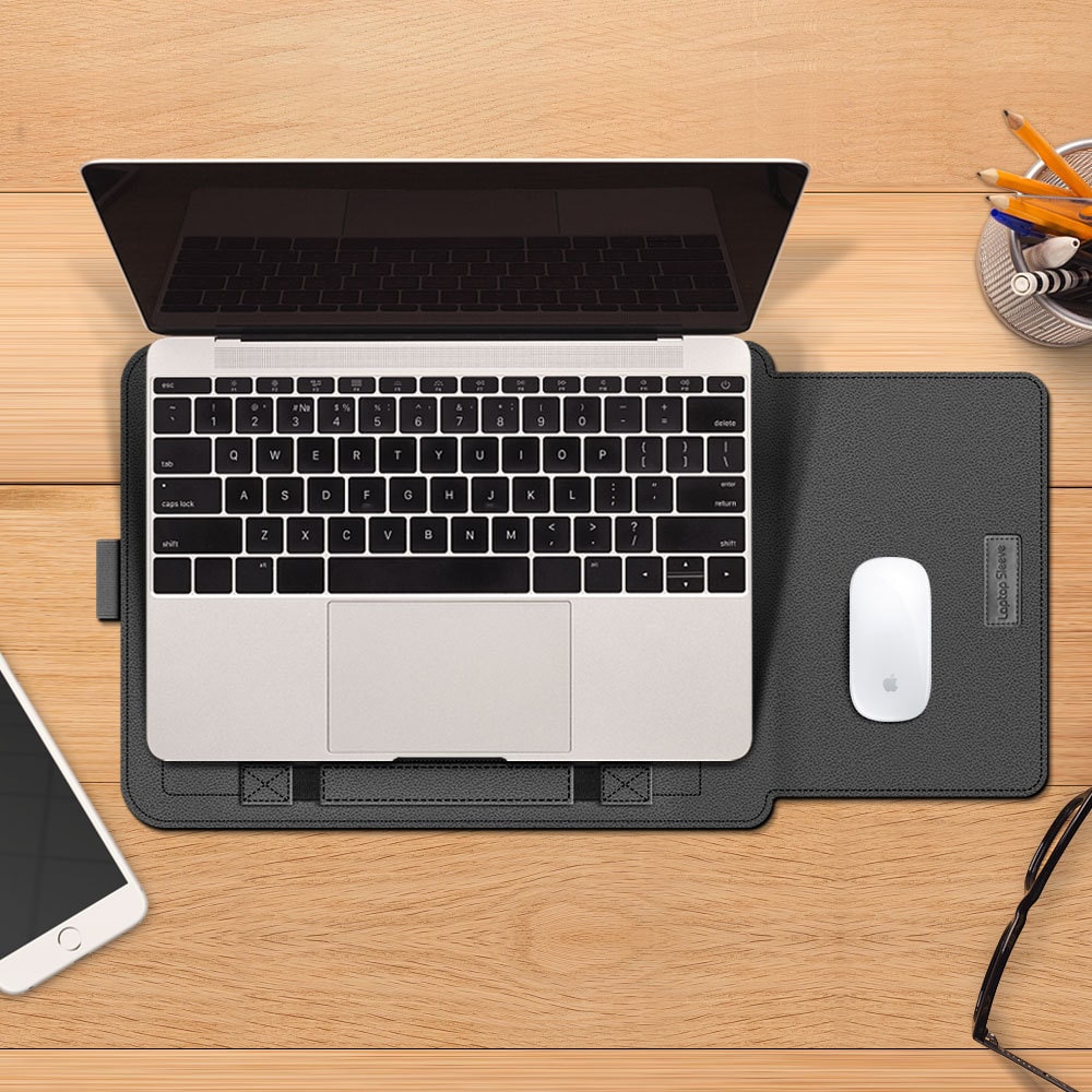 Laptop Sleeve Leather Bag with Faux Envelope Flap Built-In Mouse Pad - Image 1