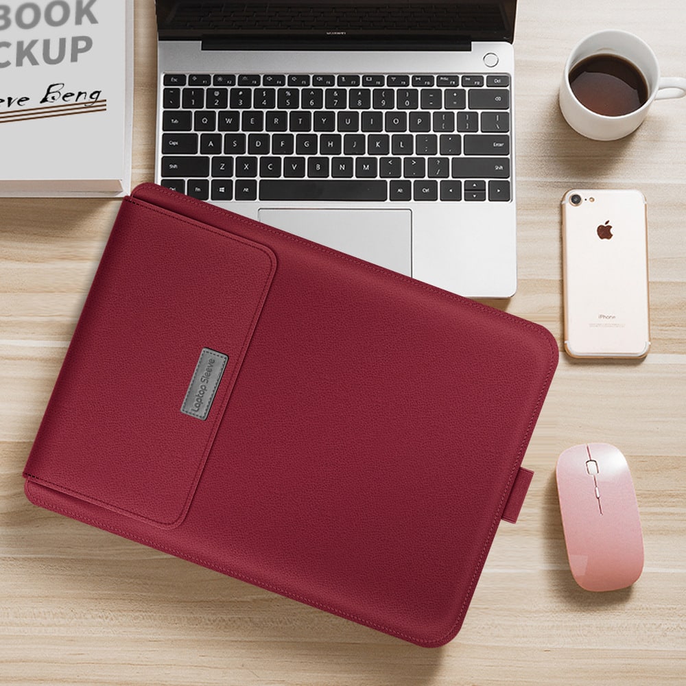 Laptop Sleeve Leather Bag with Faux Envelope Flap Built-In Mouse Pad - Image 2