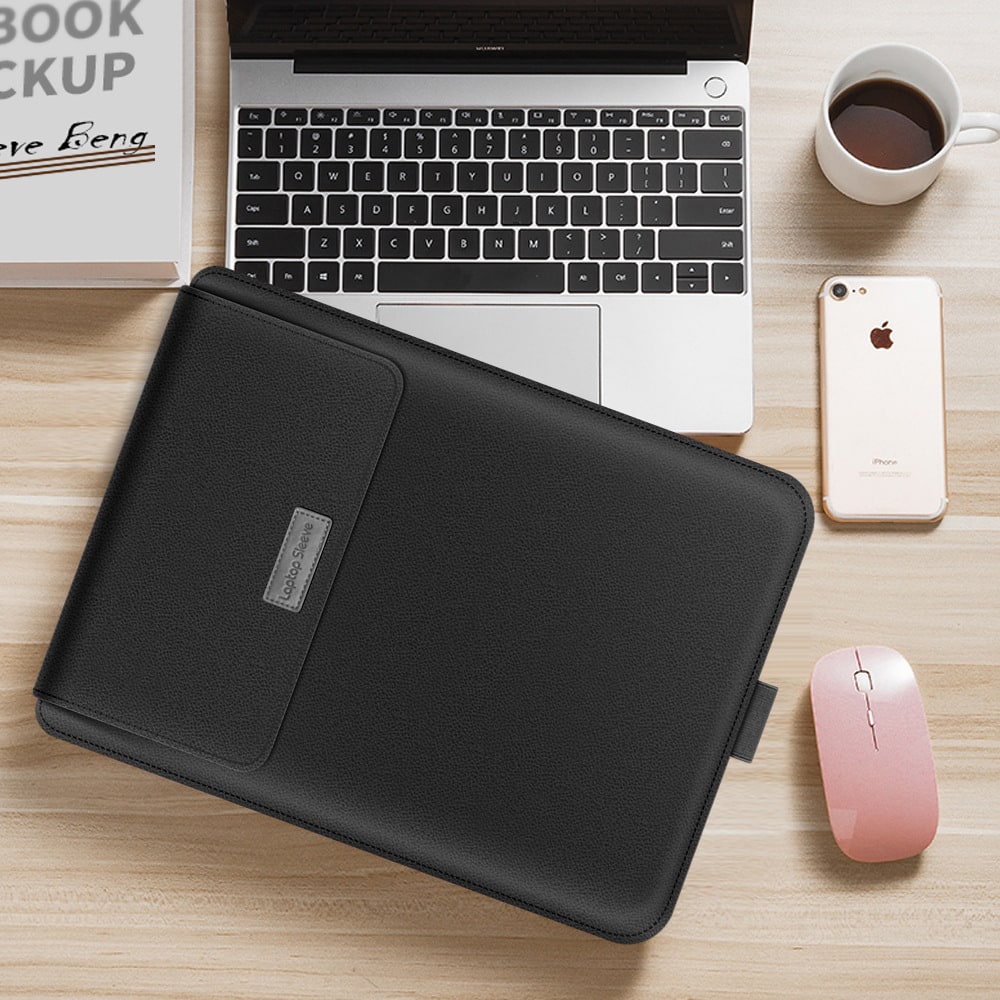 Laptop Sleeve Leather Bag with Faux Envelope Flap Built-In Mouse Pad - Image 4