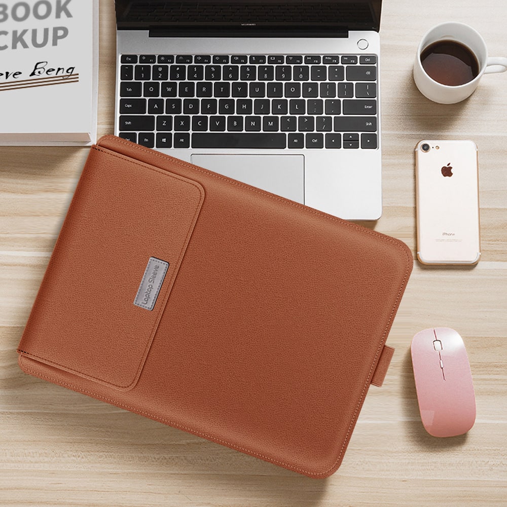 Laptop Sleeve Leather Bag with Faux Envelope Flap Built-In Mouse Pad - Image 8