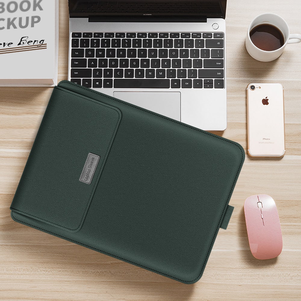 Laptop Sleeve Leather Bag with Faux Envelope Flap Built-In Mouse Pad - Image 9