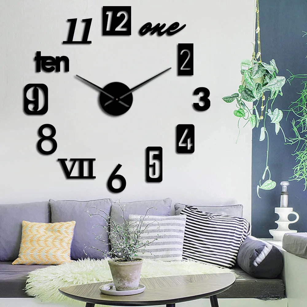 Large Long Huge Wall Clock with 3D Adhesive Numbers and Minimalist Metal Hands Decor - Image 1