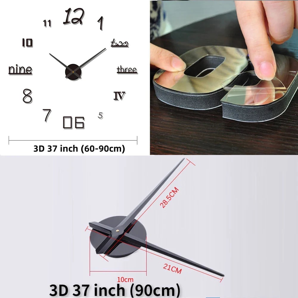 Large Long Huge Wall Clock with 3D Adhesive Numbers and Minimalist Metal Hands Decor - Image 3
