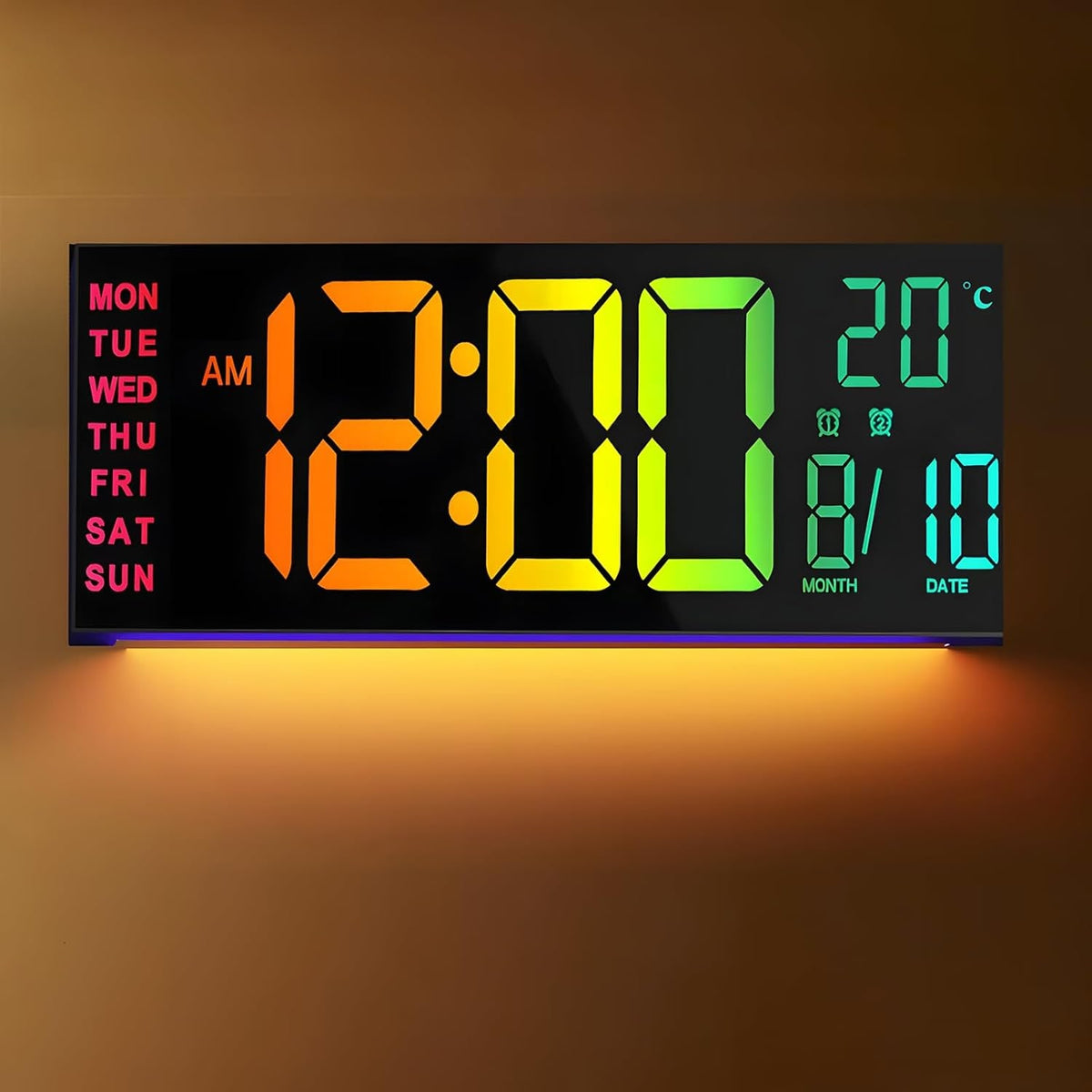 Large Long Wall Clock with LED Digital Display Rgb Color Modes Temperature and Date - Image 1