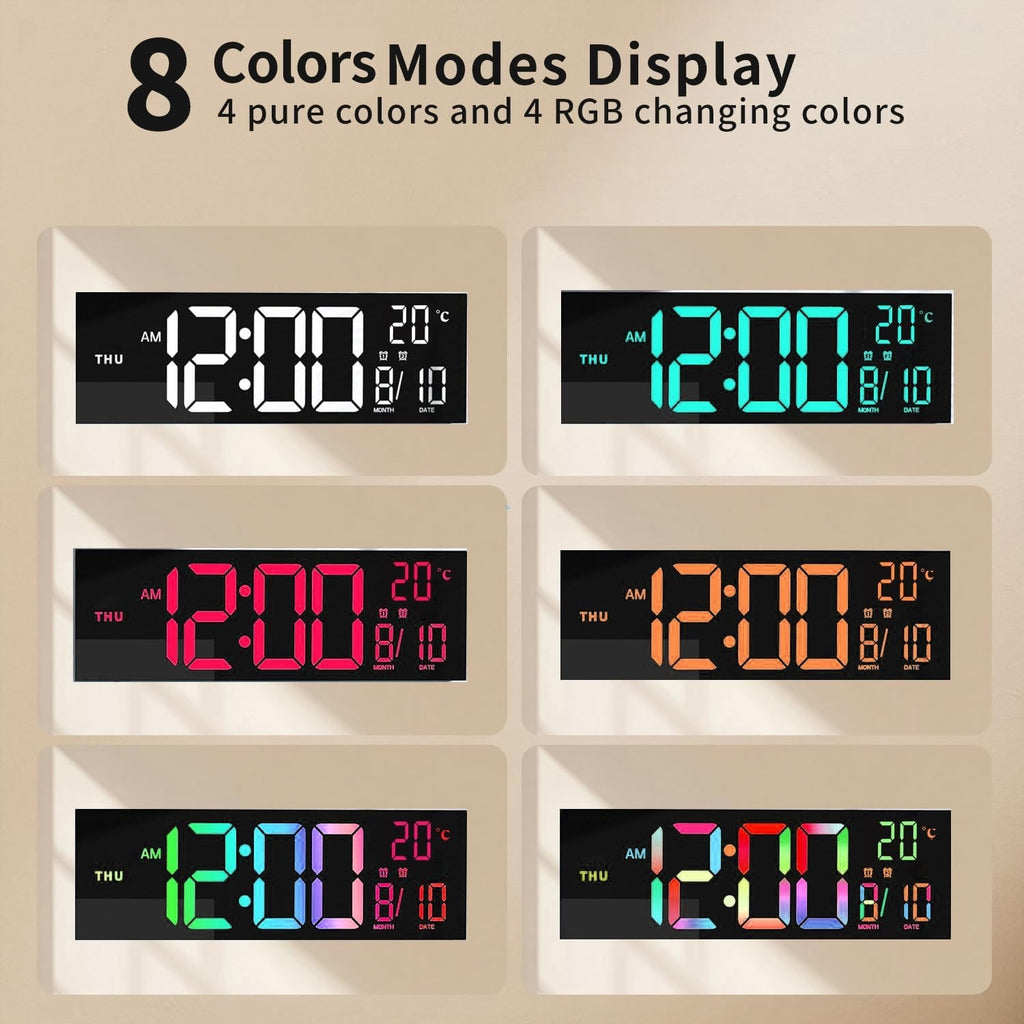 Large Long Wall Clock with LED Digital Display Rgb Color Modes Temperature and Date - Image 3