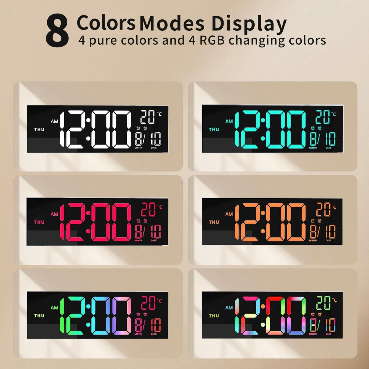 Large Long Wall Clock with LED Digital Display Rgb Color Modes Temperature and Date - Image 3
