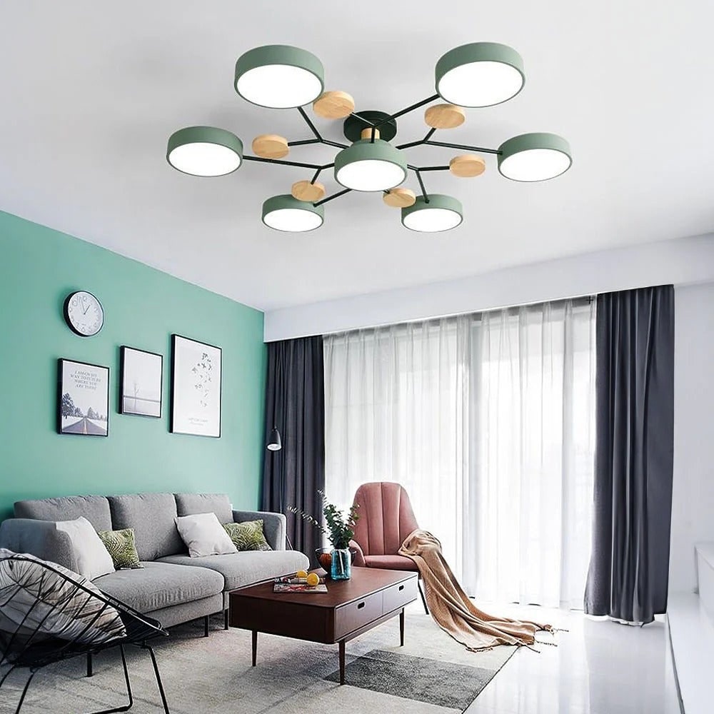 LED Ceiling Light Fixture with Semi Flush Mount and Geometric Wooden Accents for Kitchen - Image 1