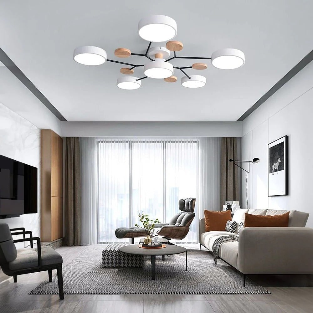 LED Ceiling Light Fixture with Semi Flush Mount and Geometric Wooden Accents for Kitchen - Image 24