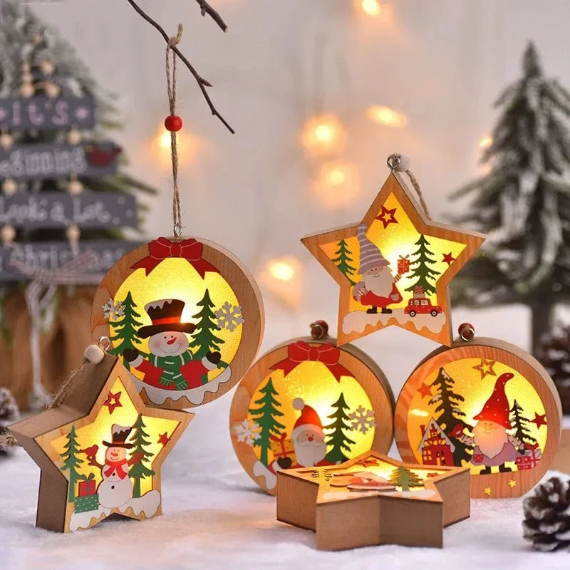 LED Christmas Ornament with Warm Wooden Design and Hanging String for Holiday Decor - Image 1
