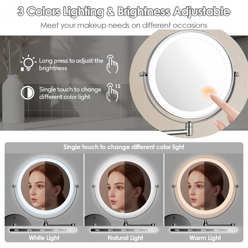 LED Lighted Makeup Mirror with Magnification Extendable Arm and Touch Dimming - Image 3