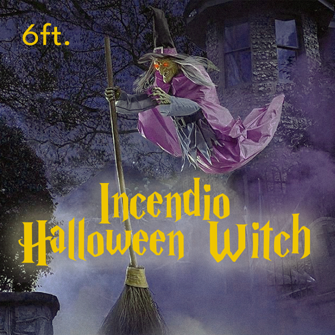 Life-Size Halloween Witch Decor with Flying Broomstick and LED Eyes Outdoor Prop - Image 2