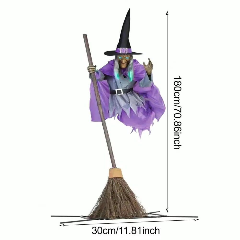 Life-Size Halloween Witch Decor with Flying Broomstick and LED Eyes Outdoor Prop - Image 6