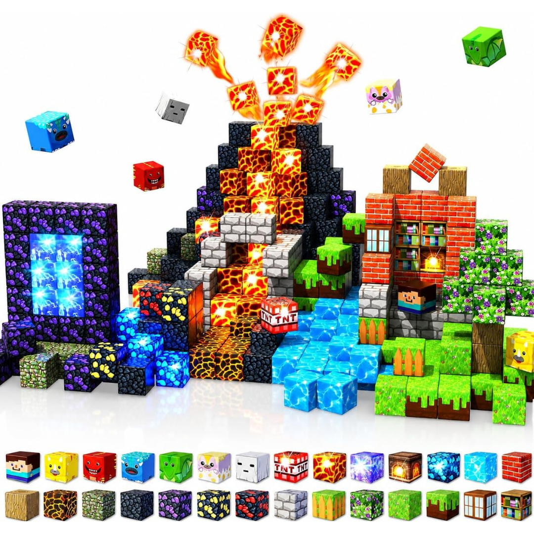 Magnetic Building Blocks and Cubes with LED Light-Up Pixelated Textures - Image 1