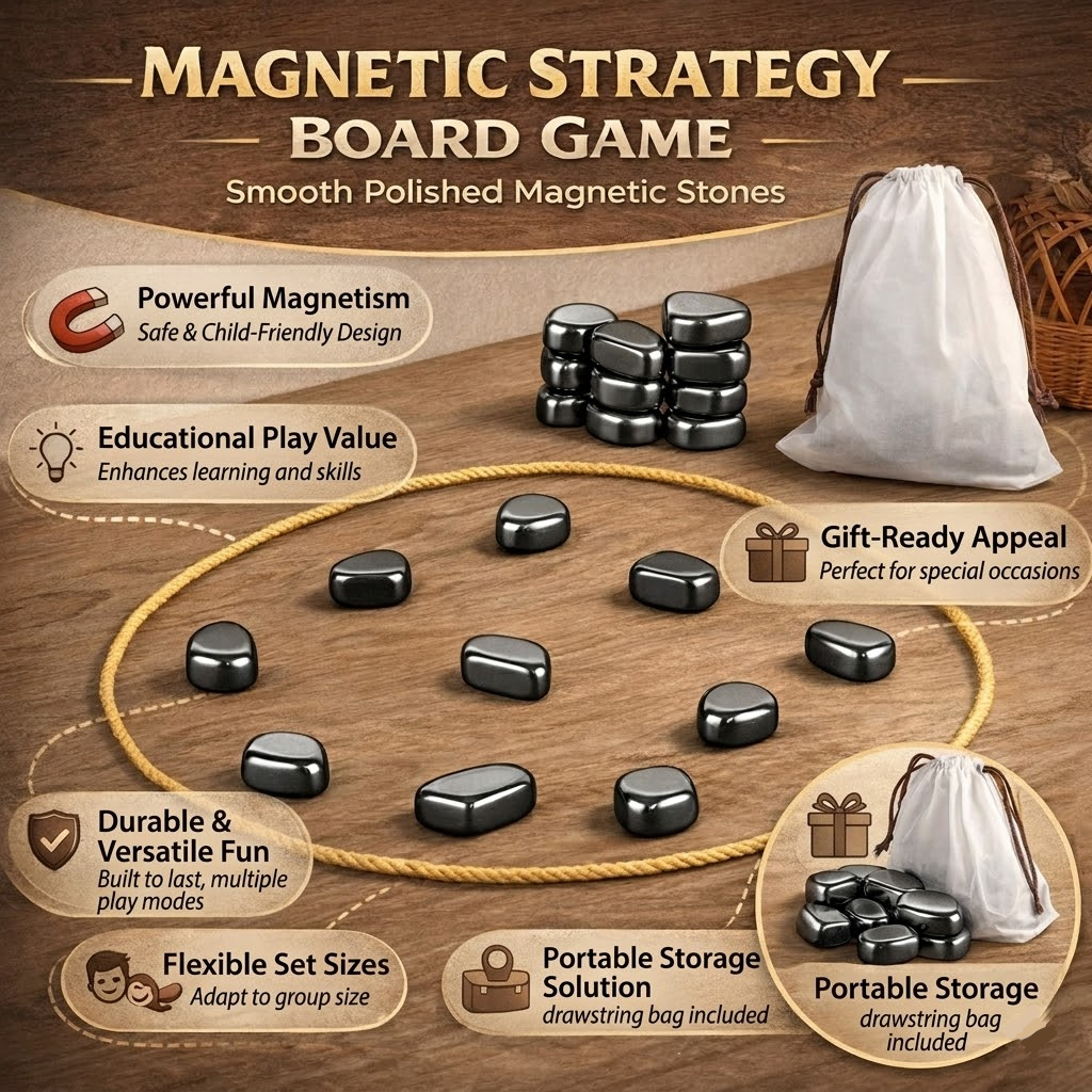 Magnetic Chess Game Stones Portable Travel Metallic Polished Drawstring Bag Strategy - Image 3