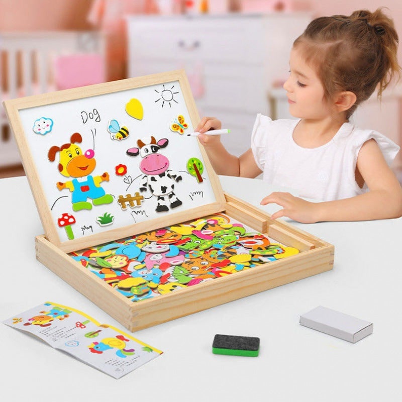 Magnetic Puzzle Board and Drawing with Double-Sided Easel and Wooden Storage - Image 1