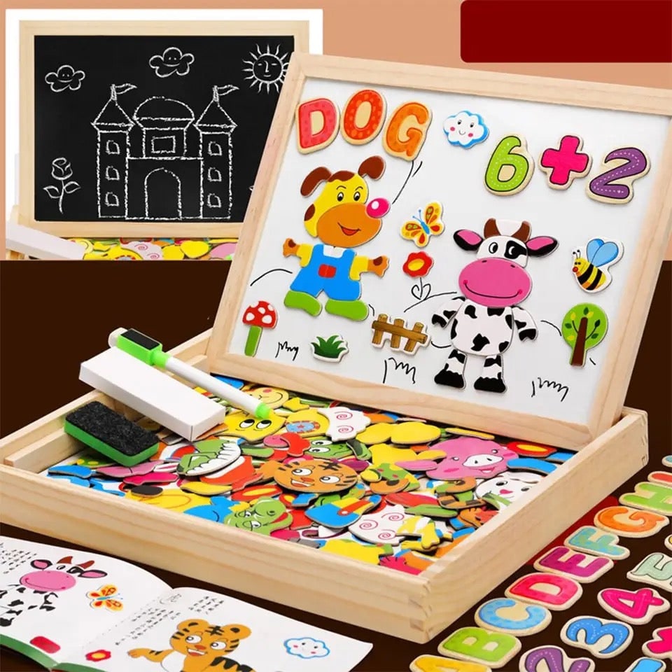 Magnetic Puzzle Board and Drawing with Double-Sided Easel and Wooden Storage - Image 2